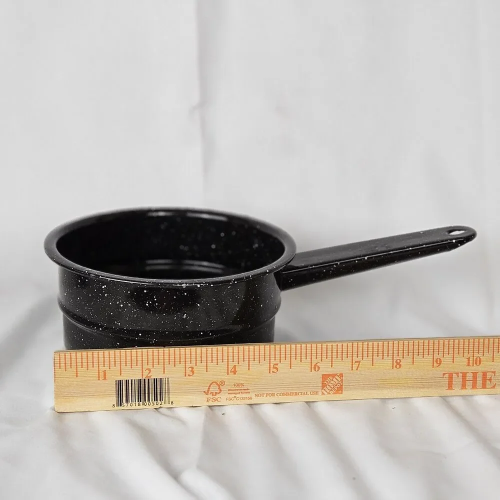 Old 1960s 3x6 Charcoal Gray White Speckled Vintage Enamelware One Quart Saucepan